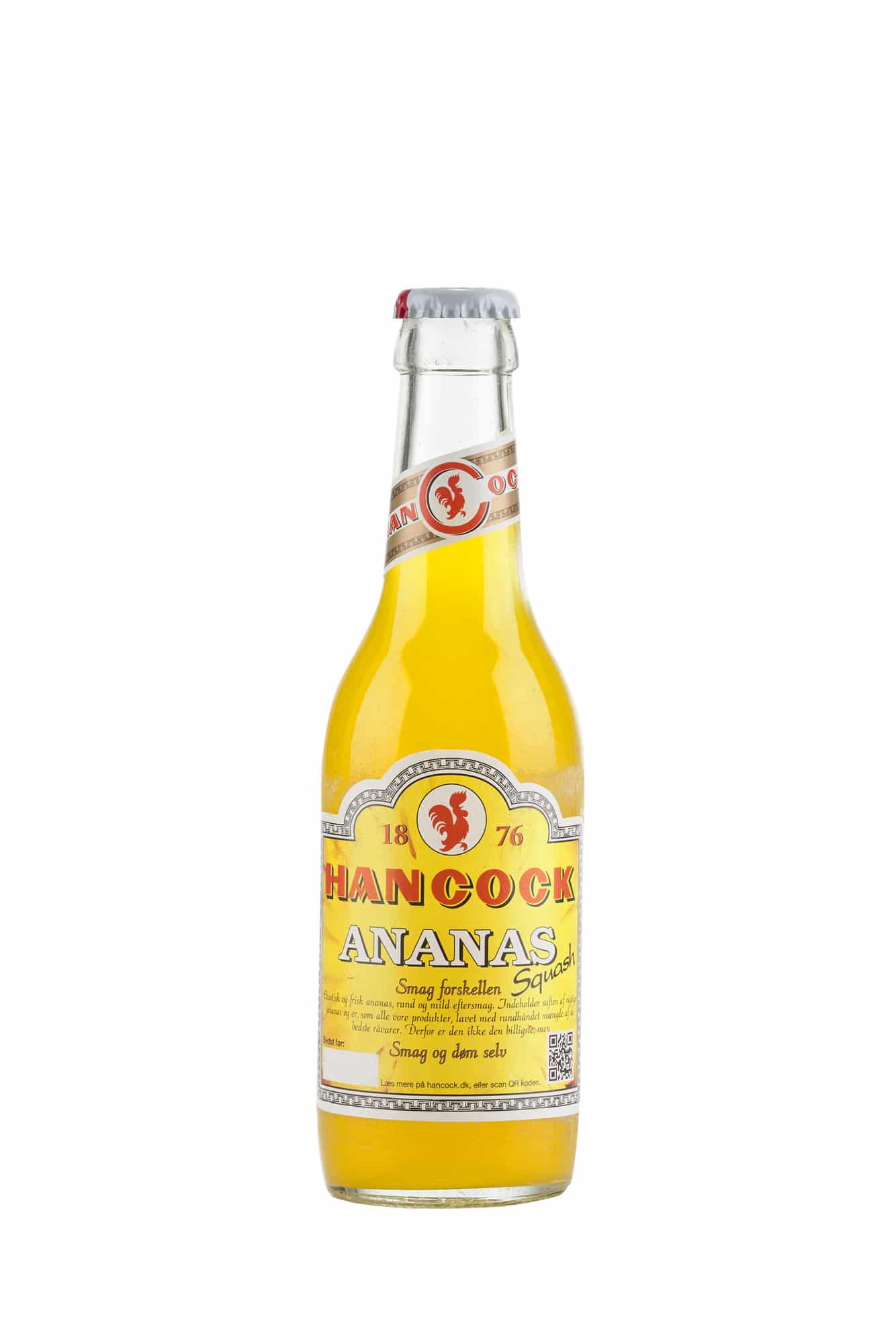 Billedtekst: Ananas Squash 30 stk. original Hancock sodavand til fest i Vejle & Kolding Hancock Ananas Squash 30 stk. (25 cl) sodavand på flaske til festlige lejligheder i Vejle & Kolding