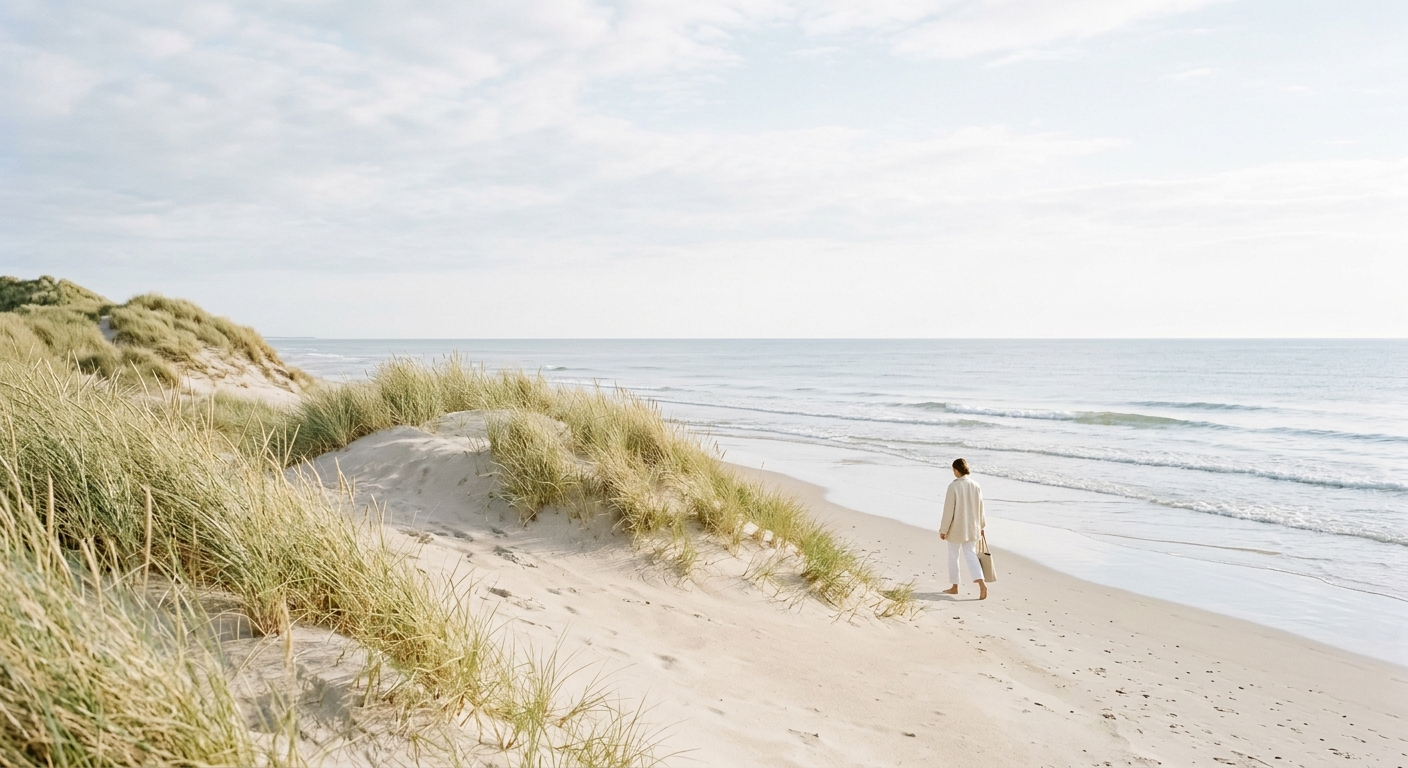 Rolig dansk strand med klitter og marehalm