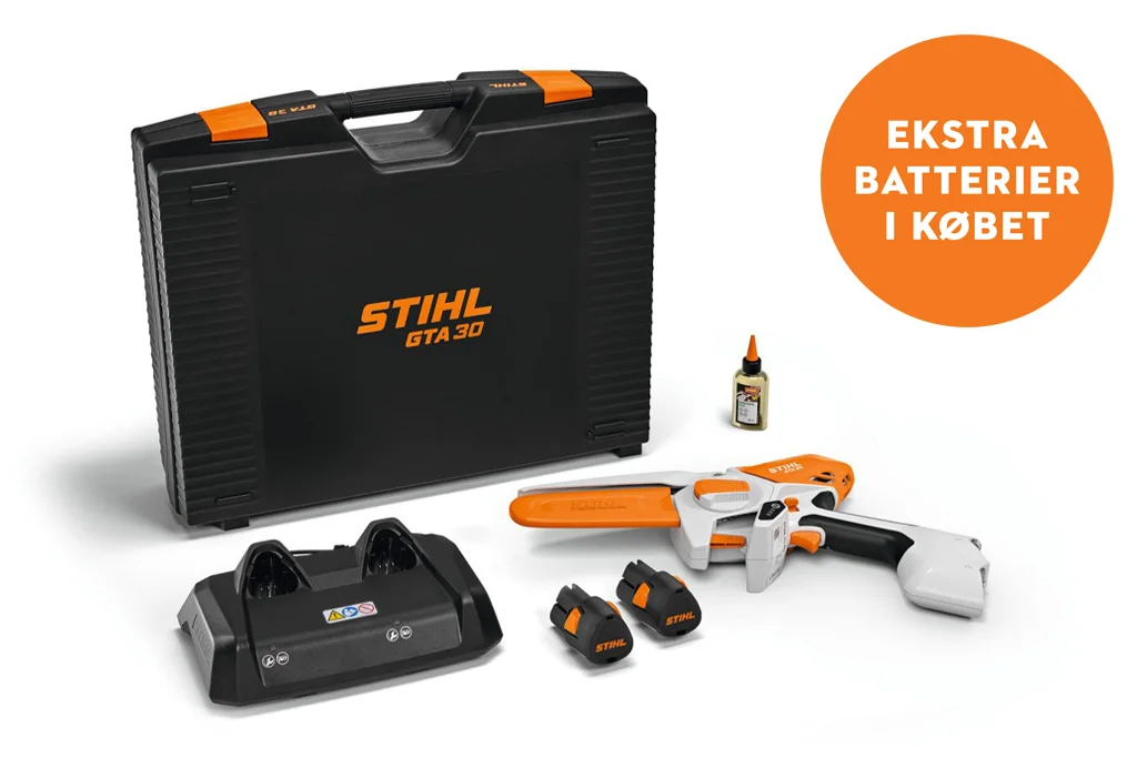 STIHL GTA 30 med 2 × AS 2-batterier og AL 5-2-oplader