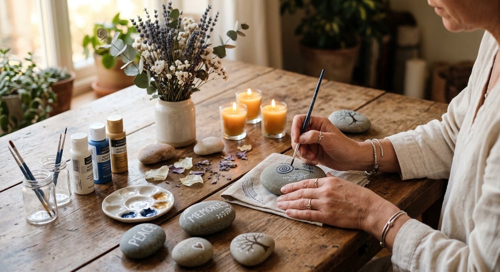 Kreativt arbejde med sten, symboler og personlige udtryk i workshop