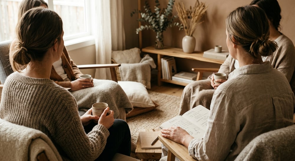 Gruppe i samtalecirkel set i varmt lys uden synlige ansigter, der symboliserer nærvær og fællesskab