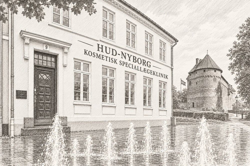 HUD-NYBORG blyantstegning med facade, springvand og Nyborg Slot