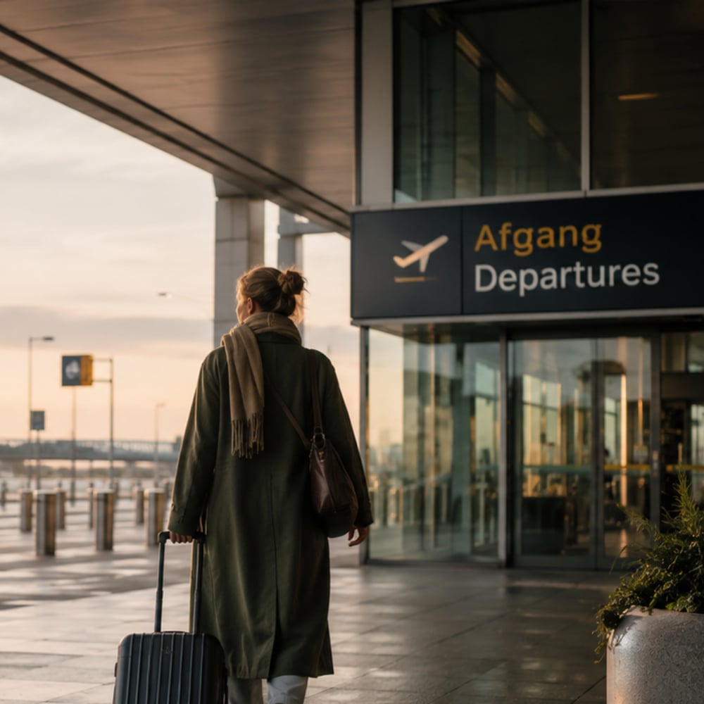 Afgang – illustration af afgangsmomentet i lufthavnen