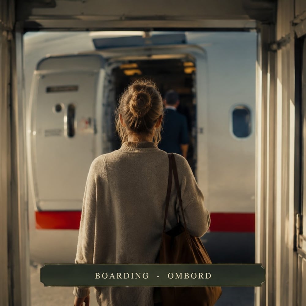 Boarding – ombord. Illustration af boarding og indstigning i flyet