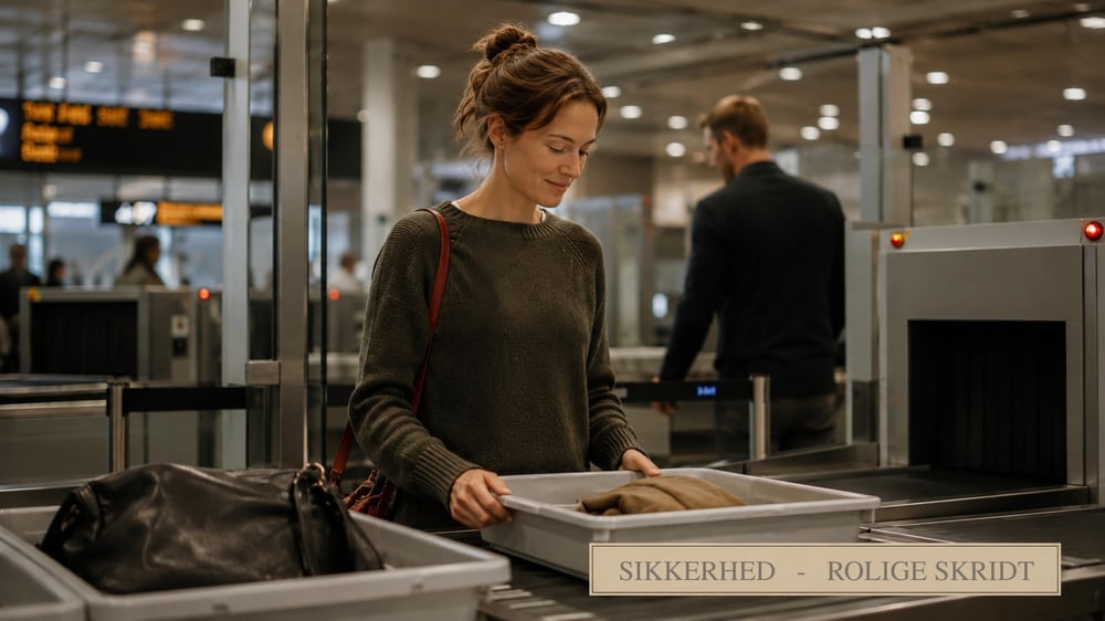 Sikkerhed – rolige skridt. Illustration af lufthavnens sikkerhedskontrol