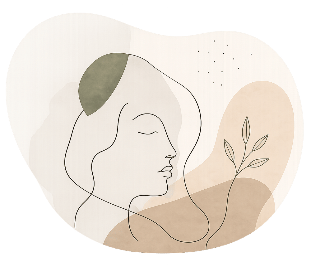 Minimalistisk, terapeutisk line-art kunstnerisk illustration af kvindesilhuet i organiske former