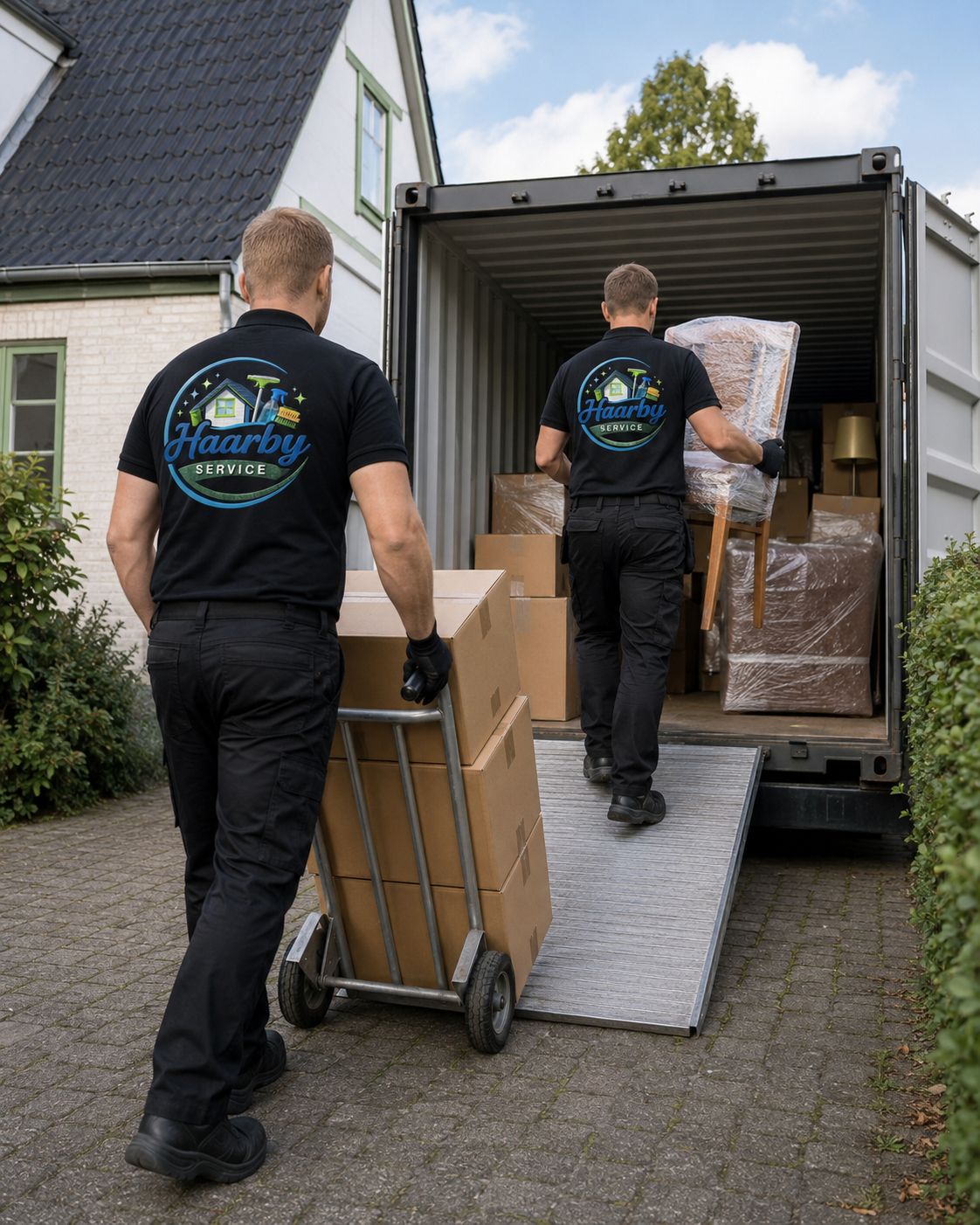 To flyttemænd fra Haarby Service læsser flyttekasser på sækkevogn og møbler ind i en container