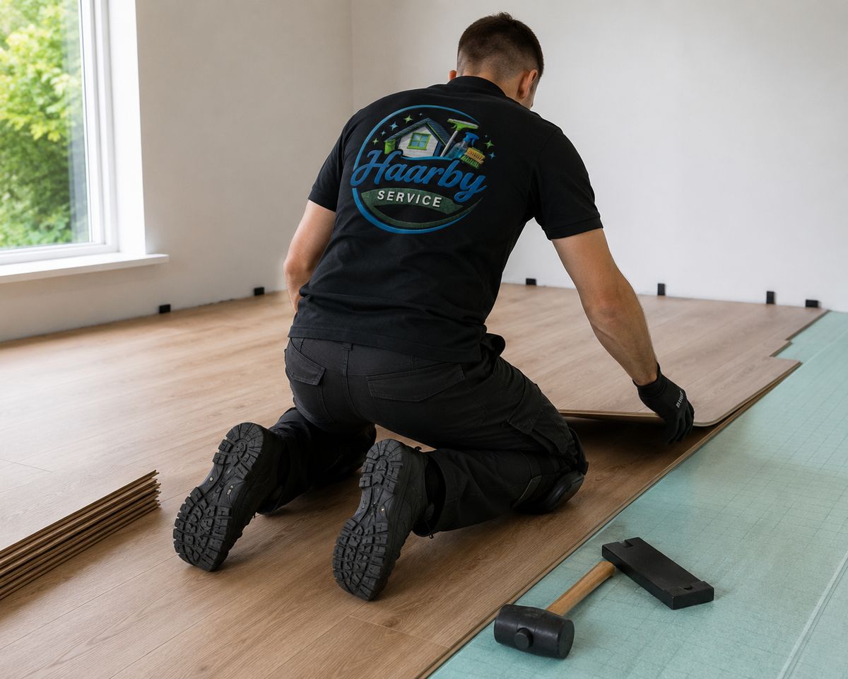Håndværker fra Haarby Service monterer lyst laminatgulv indendørs