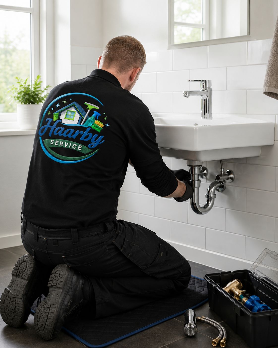 Håndværker fra Haarby Service reparerer afløbsrør under en håndvask på et badeværelse