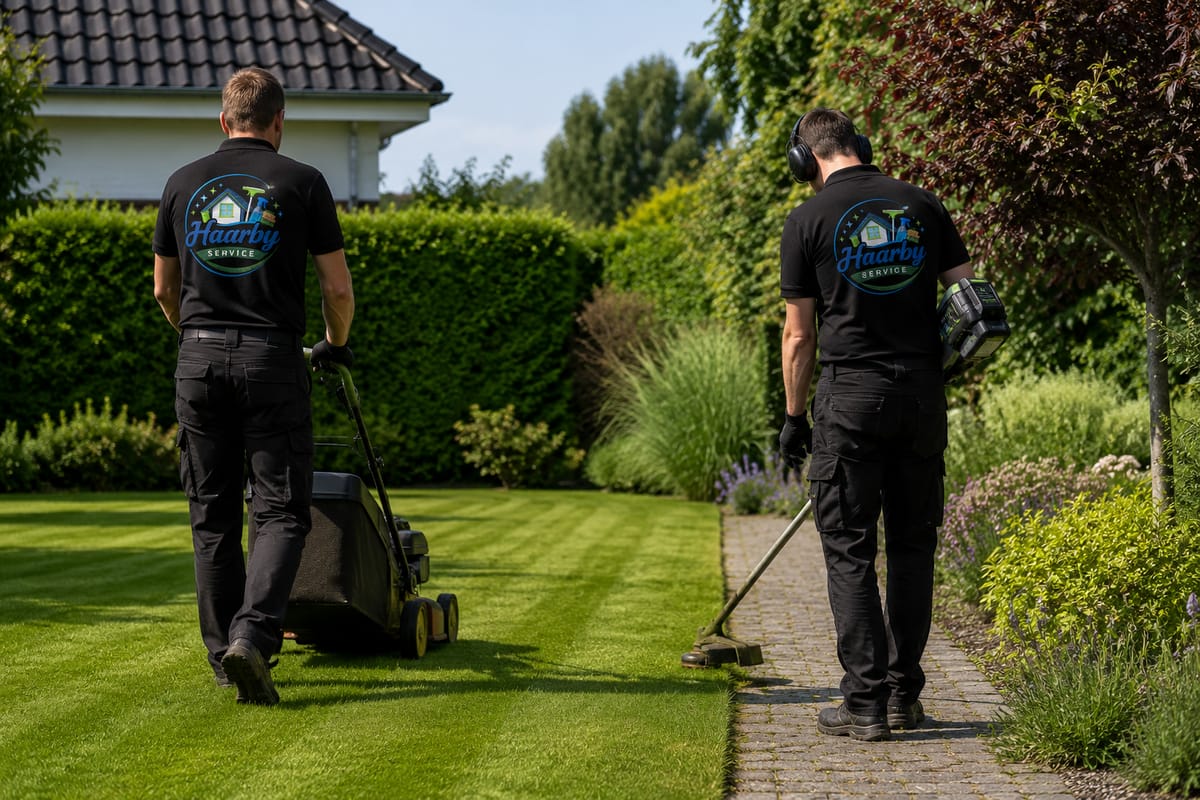 To professionelle havefolk der slår græs med plæneklipper og trimmer flisekanter i en have