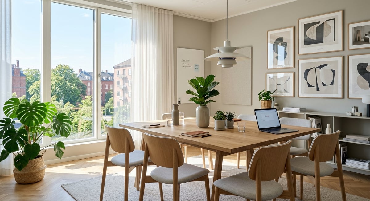 Lyst og moderne skandinavisk kontorlokale med grønne planter
