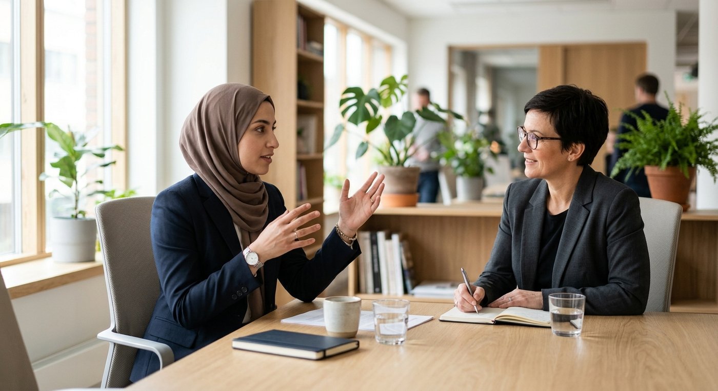 Professionel socialfaglig tolk i samtale ved mødebord