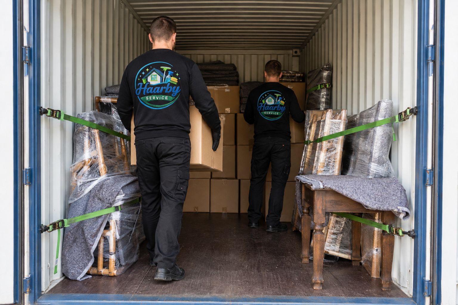 To flyttemænd fra Haarby Service læsser flyttegods og møbler ind i container