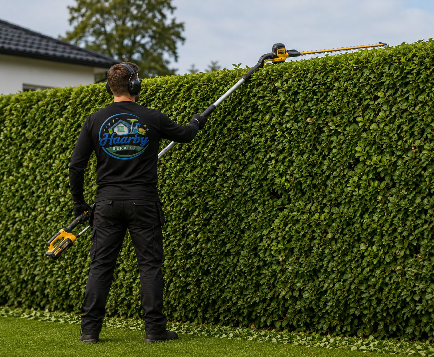 Havemand fra Haarby Service klipper toppen af en høj hæk med stanghækkeklipper