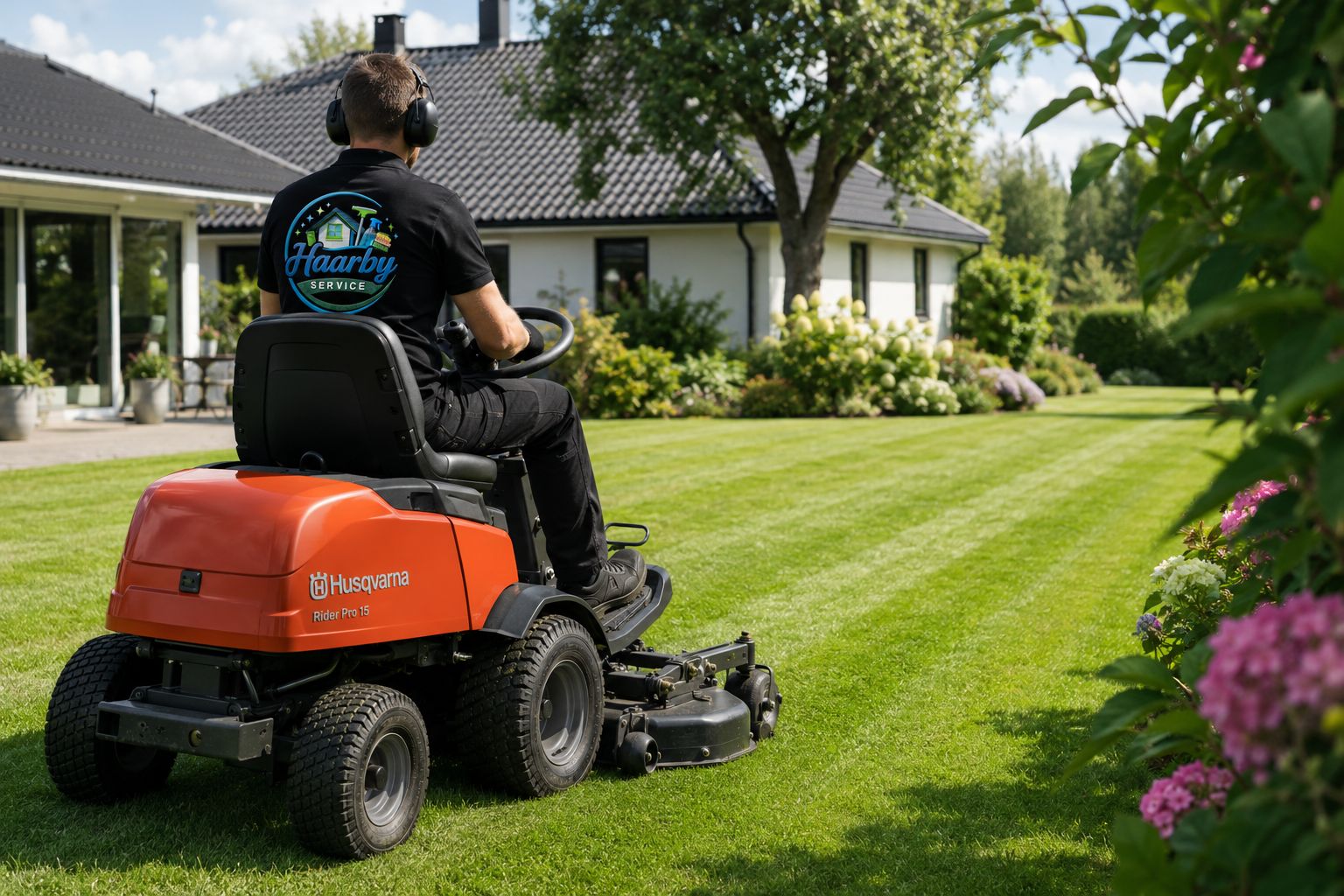 Mand slår græsplæne med en orange Husqvarna havetraktor ved et hus
