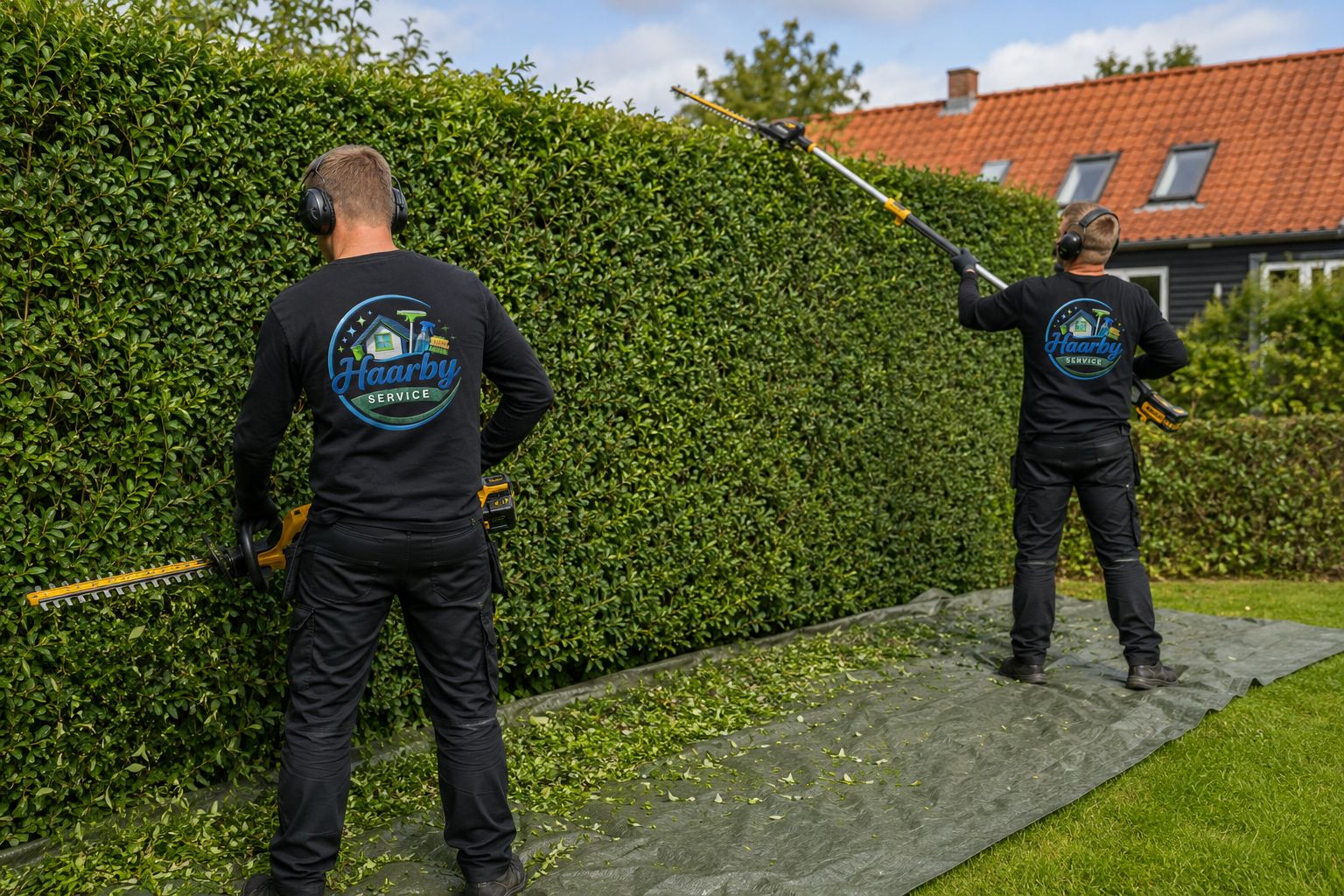 To gartnere i arbejdstøj fra Haarby Service klipper høj grøn hæk med hækkeklippere