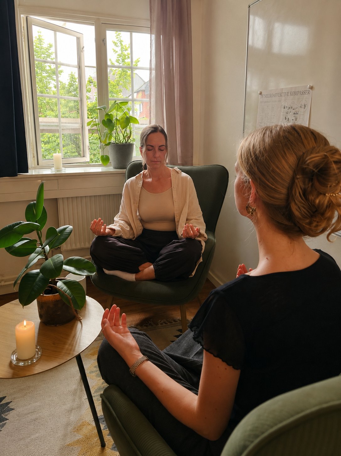 Indbydende og lyst terapeutisk samtalerum hos Malene