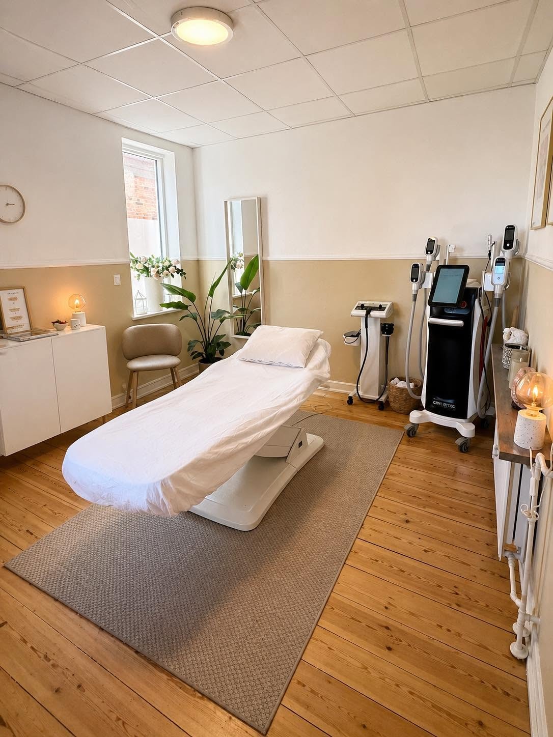 Harmonisk og lyst behandlingsrum med hvid behandlerbriks og professionelt udstyr hos Cryo by Breum