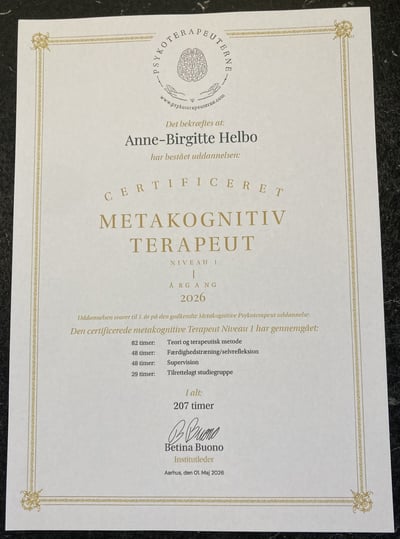Certificeret Metakognitiv Terapeut bevis