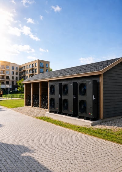Miljøfoto af kaskade- og multienhedsinstallation af mørke varmepumpeenheder under træbeklædt overdækning