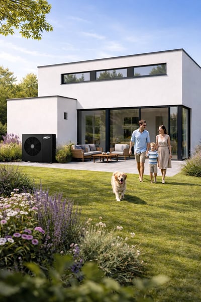 Miljøbillede af sort udedel varmepumpe placeret ved et moderne hvidt hus i en realistisk boliginstallation