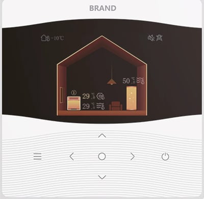 Produktbillede af hvid, kvadratisk betjeningsenhed med mørkt farvedisplay og visualisering af energisystem