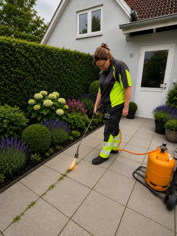 Ukrudtsbrænding med gasflamme på rensede betonfliser ved havebede og terrassegang