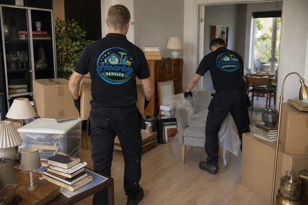 To flyttemænd i sort arbejdstøj bærer flyttekasser og møbler under rydning af en stue