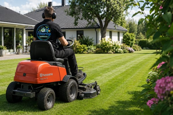 Havemand kører på orange Husqvarna havetraktor og slår stor græsplæne