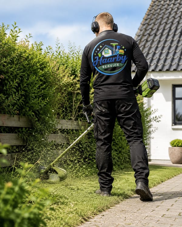 Havemand i sort arbejdstøj trimmer græskant langs hegn og hæk med græstrimmer