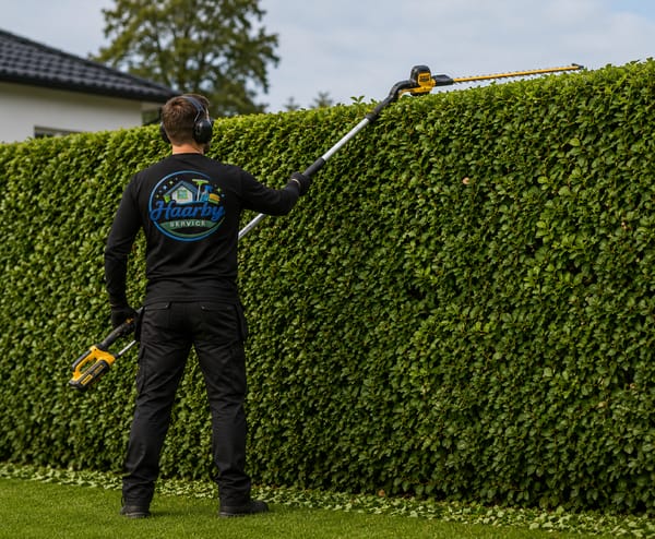 Professionel havemand klipper toppen af en høj hæk med batteridrevet stanghækkeklipper