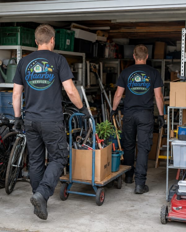 To mænd fra Haarby Service rydder op i en fyldt garage med trækvogn og værktøj