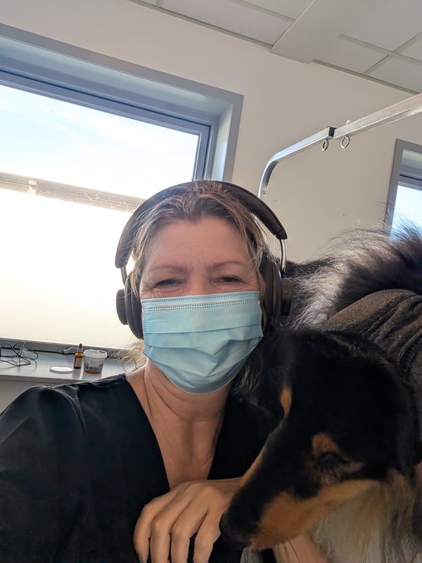 Trine i salonen med collie under pelspleje