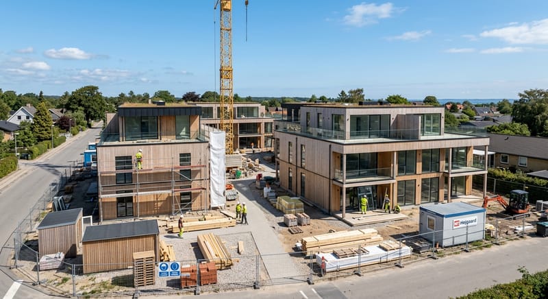 Moderne dansk byggeprojekt under blå himmel