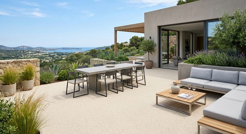 Terrasse med fugefri stenbelægning og havemøbler