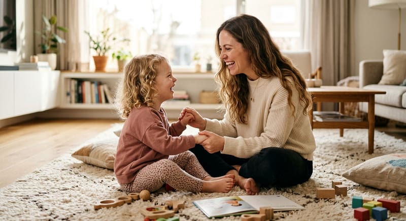 Mor og barn leger glad sammen