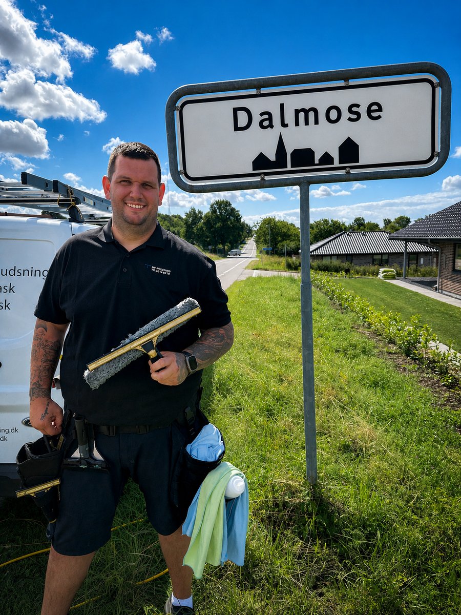 Professionel vinduespudser ved Dalmose byskilt – NF Polering