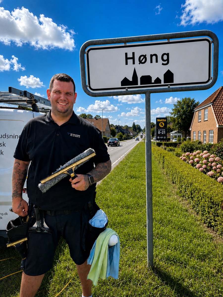 Professionel vinduespudser ved Høng byskilt – NF Polering