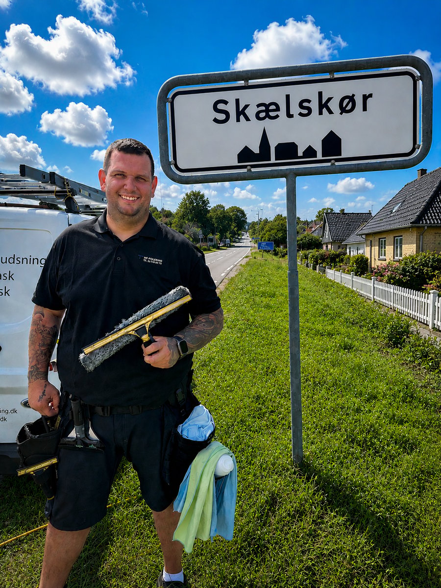 Professionel vinduespudser ved Skælskør byskilt – NF Polering