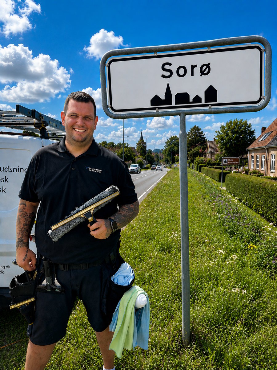 Professionel vinduespudser ved Sorø byskilt – NF Polering